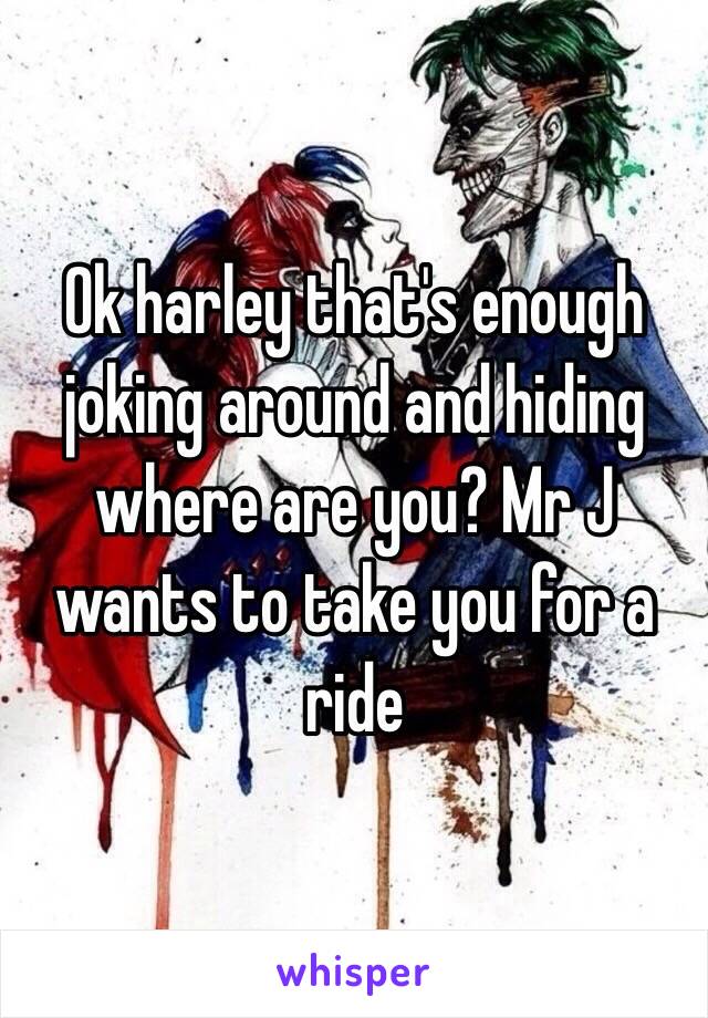 Ok harley that's enough joking around and hiding where are you? Mr J wants to take you for a ride 