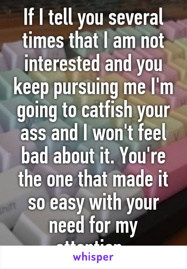 If I tell you several times that I am not interested and you keep pursuing me I'm going to catfish your ass and I won't feel bad about it. You're the one that made it so easy with your need for my attention. 