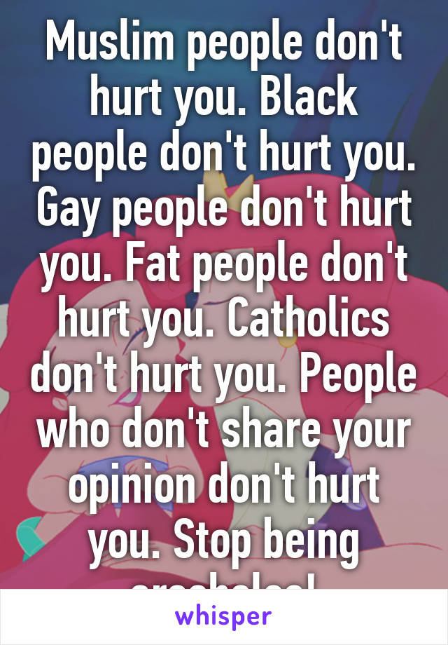 Muslim people don't hurt you. Black people don't hurt you. Gay people don't hurt you. Fat people don't hurt you. Catholics don't hurt you. People who don't share your opinion don't hurt you. Stop being arseholes!