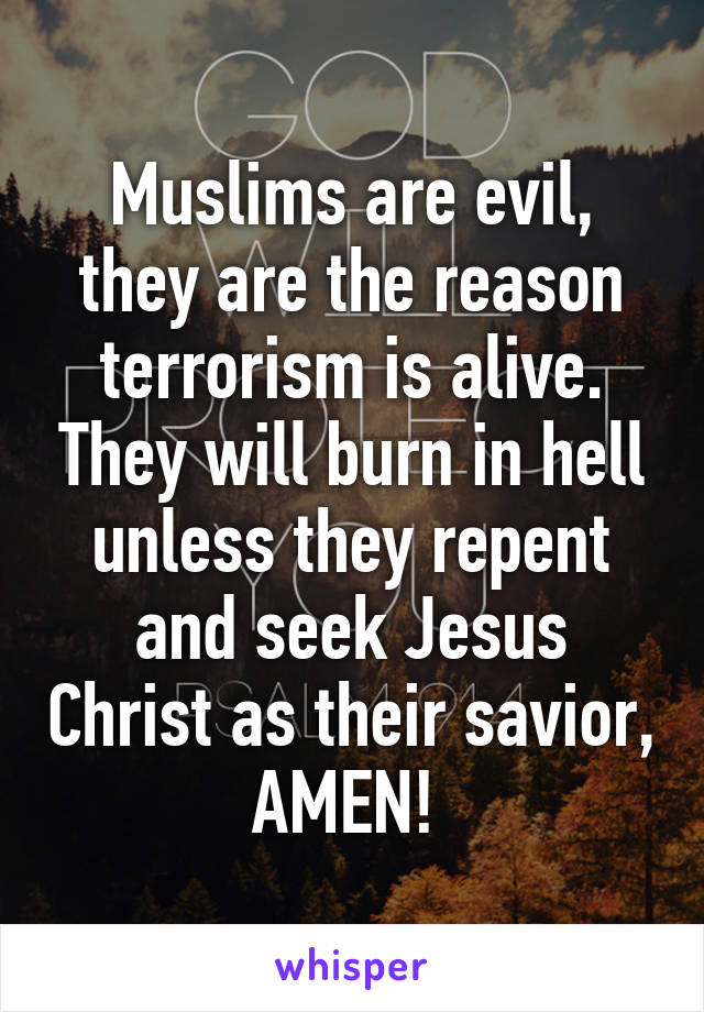 Muslims are evil, they are the reason terrorism is alive. They will burn in hell unless they repent and seek Jesus Christ as their savior, AMEN! 