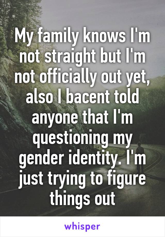 My family knows I'm not straight but I'm not officially out yet, also I bacent told anyone that I'm questioning my gender identity. I'm just trying to figure things out