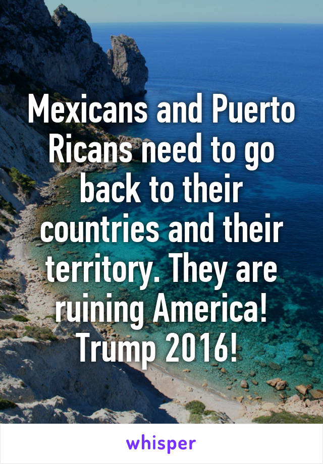 Mexicans and Puerto Ricans need to go back to their countries and their territory. They are ruining America! Trump 2016! 