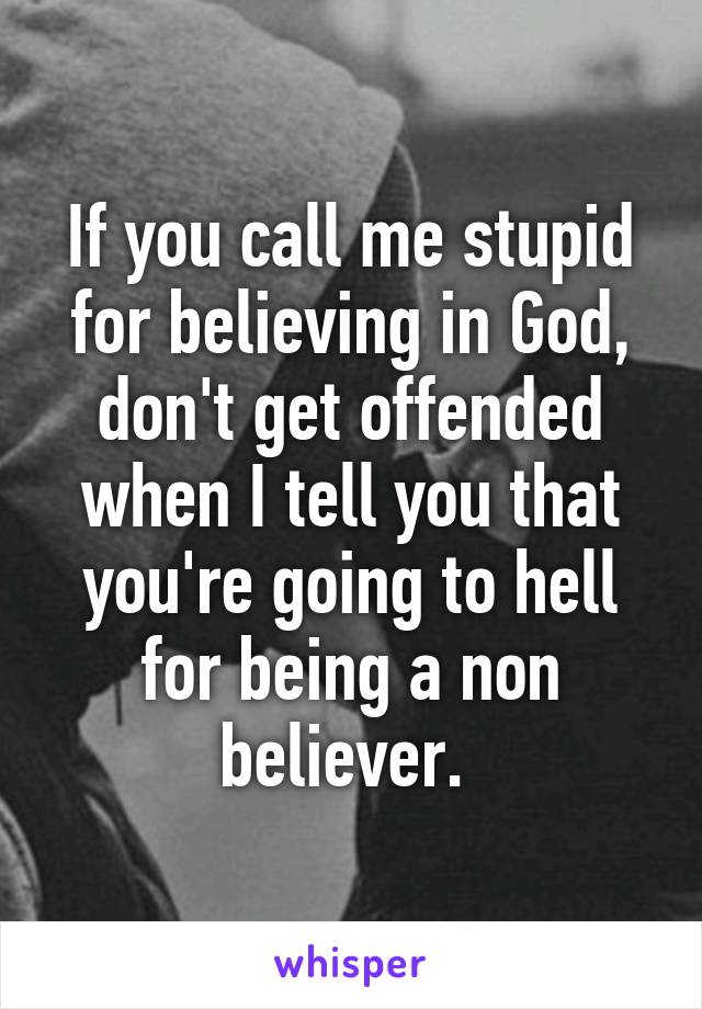 If you call me stupid for believing in God, don't get offended when I tell you that you're going to hell for being a non believer. 