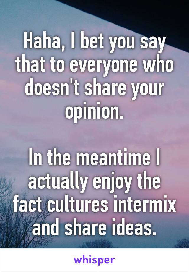 Haha, I bet you say that to everyone who doesn't share your opinion.

In the meantime I actually enjoy the fact cultures intermix and share ideas.