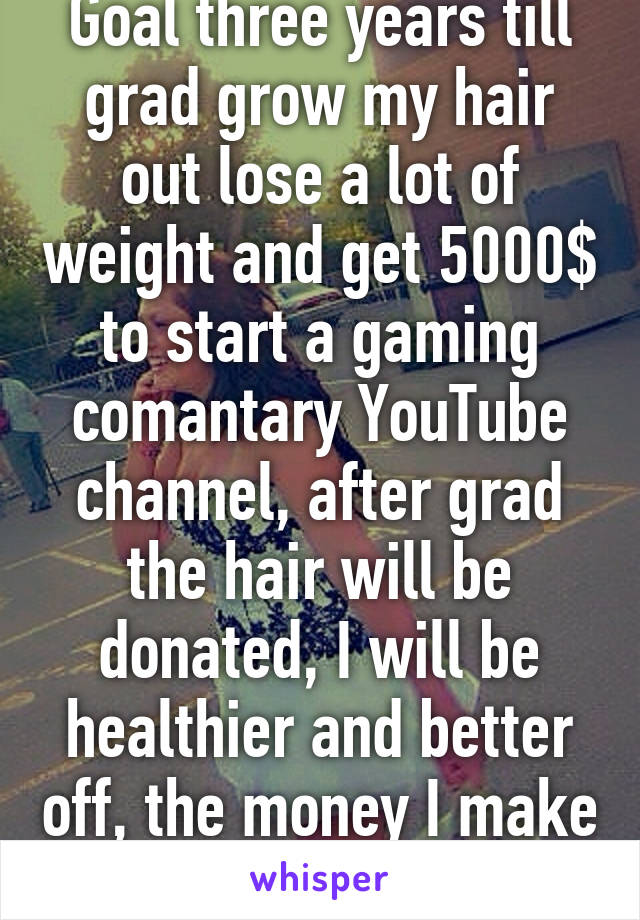 Goal three years till grad grow my hair out lose a lot of weight and get 5000$ to start a gaming comantary YouTube channel, after grad the hair will be donated, I will be healthier and better off, the money I make goes to my mom,