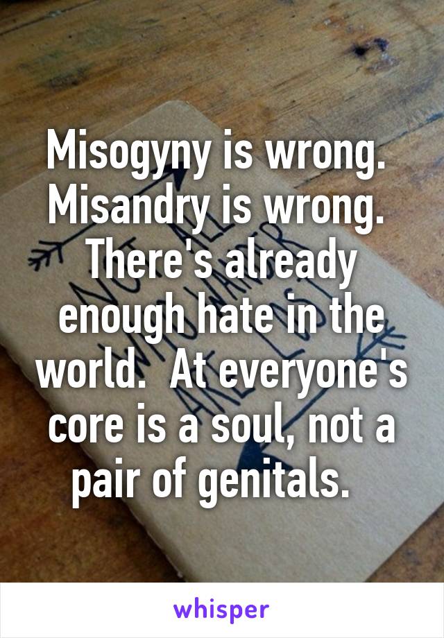 Misogyny is wrong.  Misandry is wrong.  There's already enough hate in the world.  At everyone's core is a soul, not a pair of genitals.  