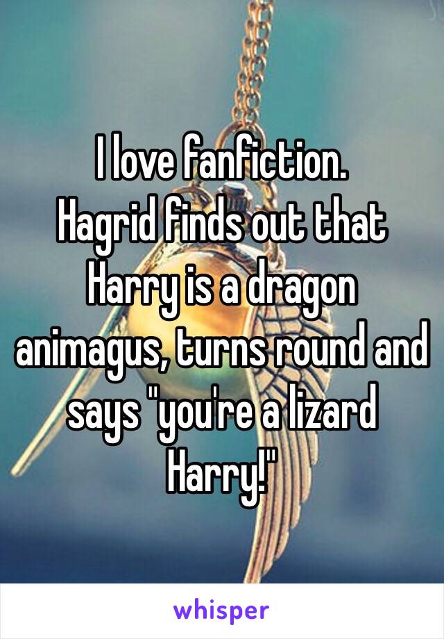 I love fanfiction. 
Hagrid finds out that Harry is a dragon animagus, turns round and says "you're a lizard Harry!"  