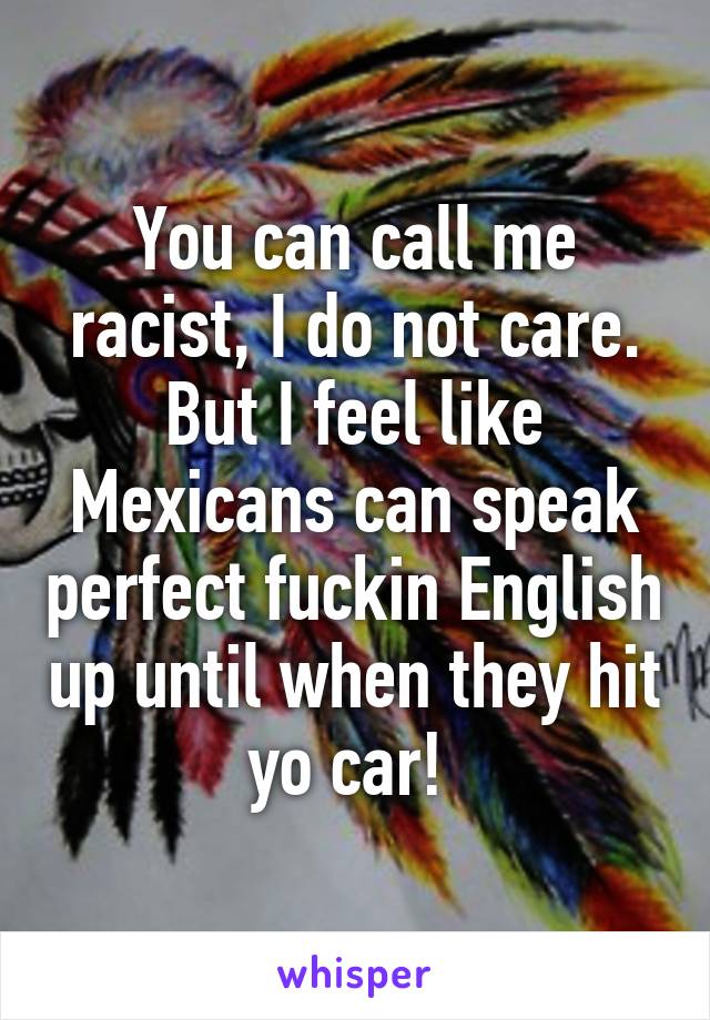 You can call me racist, I do not care. But I feel like Mexicans can speak perfect fuckin English up until when they hit yo car! 