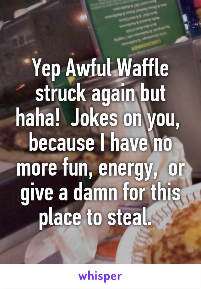 Yep Awful Waffle struck again but haha!  Jokes on you,  because I have no more fun, energy,  or give a damn for this place to steal.  