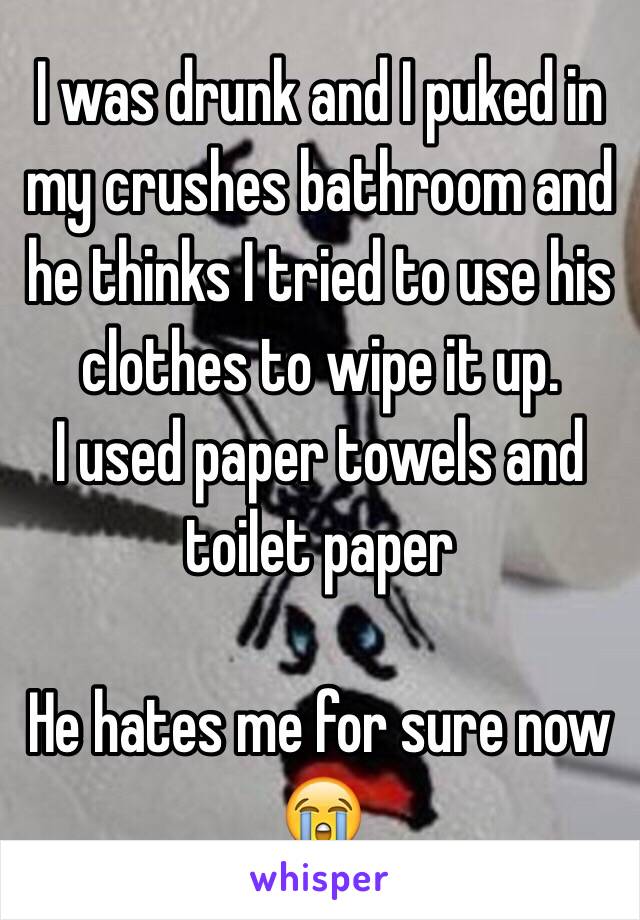 I was drunk and I puked in my crushes bathroom and he thinks I tried to use his clothes to wipe it up.
I used paper towels and toilet paper

He hates me for sure now 😭