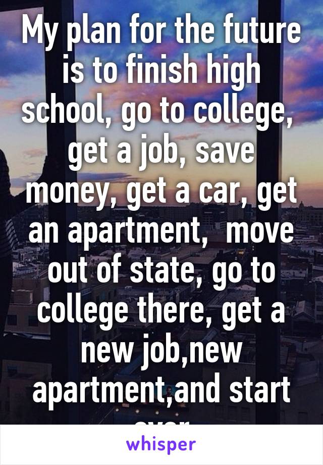 My plan for the future is to finish high school, go to college,  get a job, save money, get a car, get an apartment,  move out of state, go to college there, get a new job,new apartment,and start over