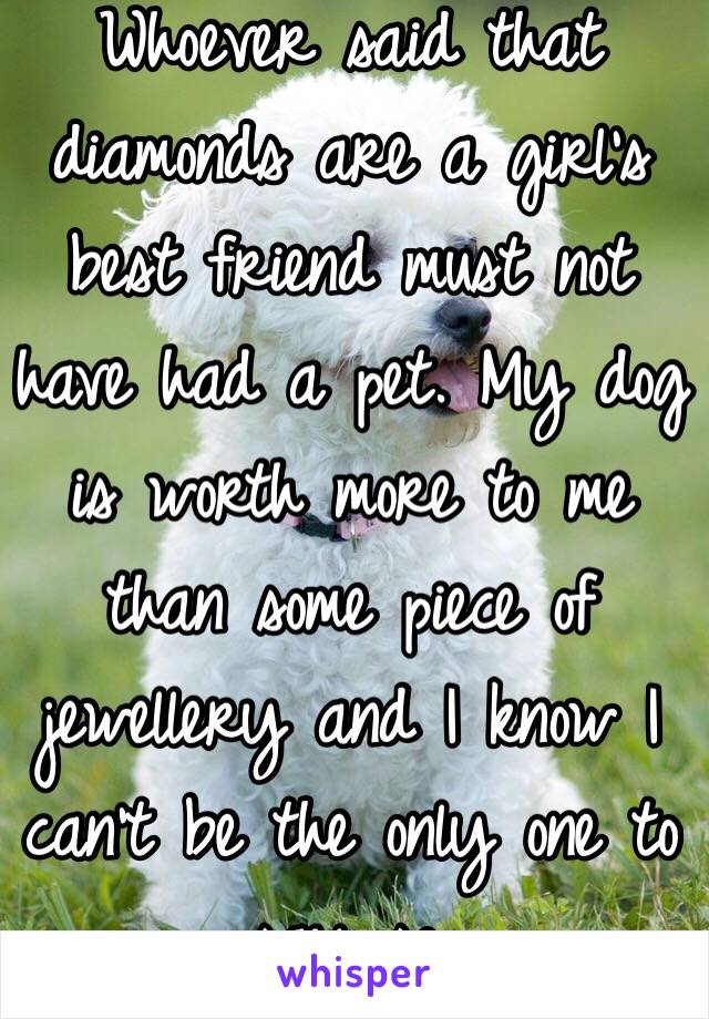 Whoever said that diamonds are a girl's best friend must not have had a pet. My dog is worth more to me than some piece of jewellery and I know I can't be the only one to say so.