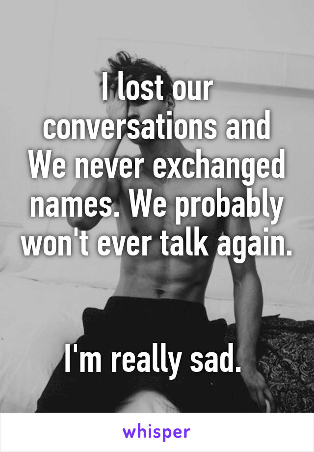 I lost our conversations and We never exchanged names. We probably won't ever talk again.  

I'm really sad. 