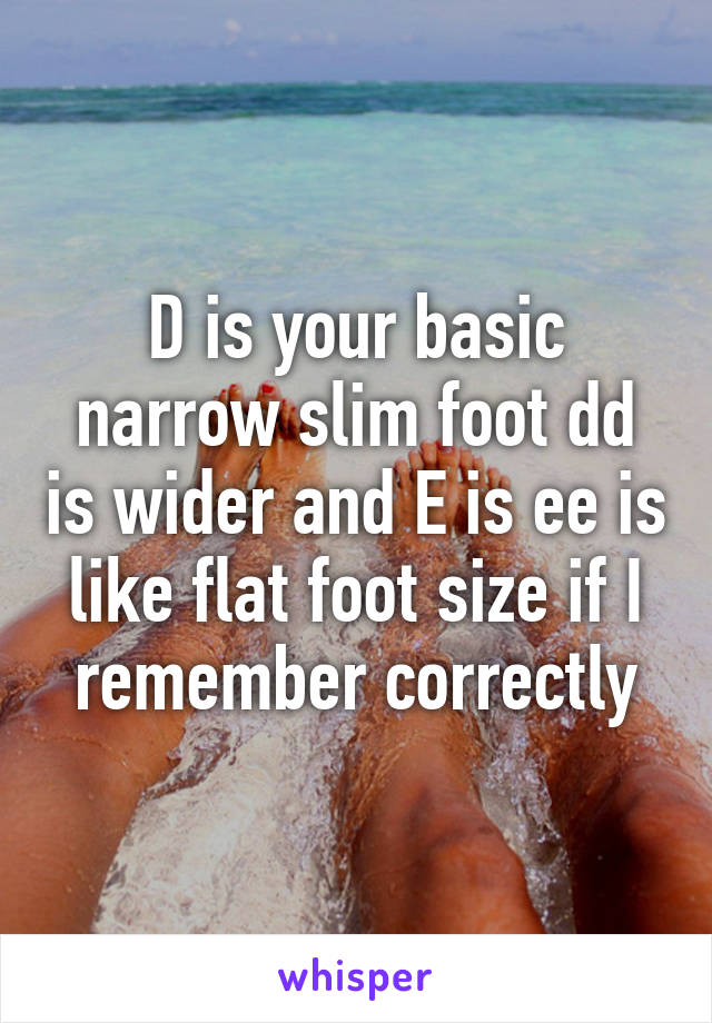 D is your basic narrow slim foot dd is wider and E is ee is like flat foot size if I remember correctly