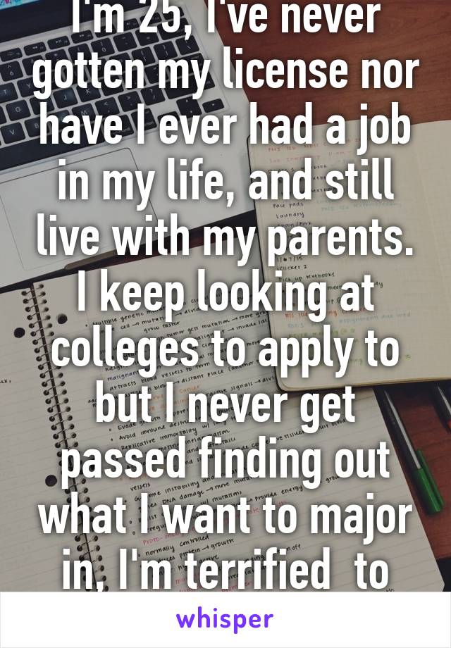 I'm 25, I've never gotten my license nor have I ever had a job in my life, and still live with my parents. I keep looking at colleges to apply to but I never get passed finding out what I want to major in, I'm terrified  to live my life