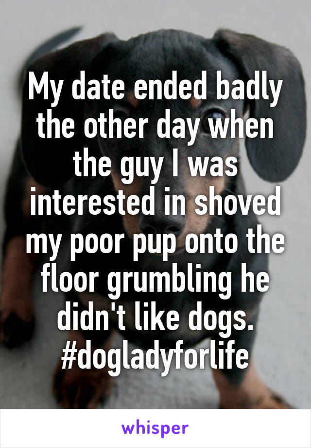 My date ended badly the other day when the guy I was interested in shoved my poor pup onto the floor grumbling he didn't like dogs. #dogladyforlife