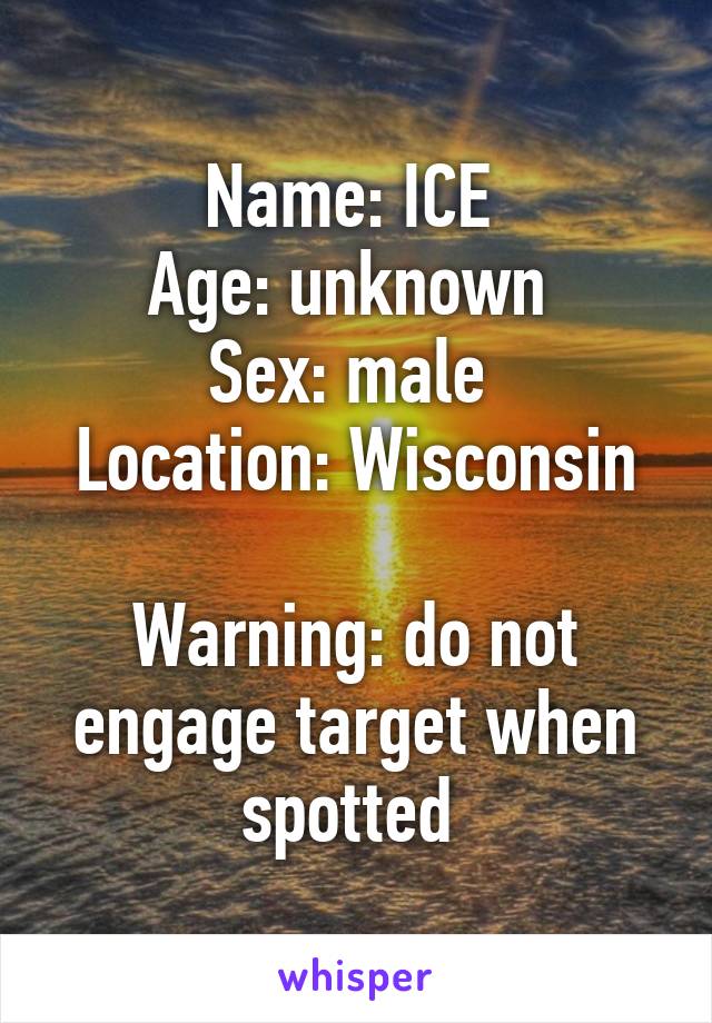 Name: ICE 
Age: unknown 
Sex: male 
Location: Wisconsin

Warning: do not engage target when spotted 