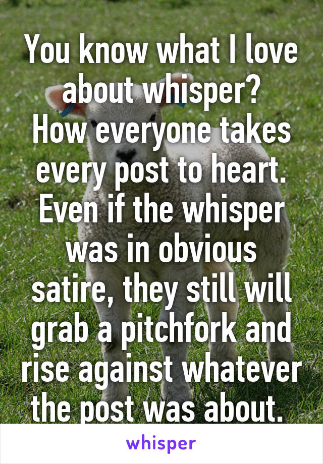 You know what I love about whisper?
How everyone takes every post to heart. Even if the whisper was in obvious satire, they still will grab a pitchfork and rise against whatever the post was about. 