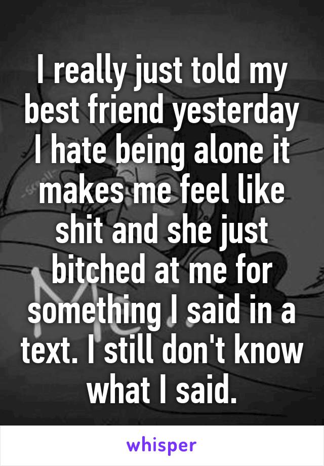 I really just told my best friend yesterday I hate being alone it makes me feel like shit and she just bitched at me for something I said in a text. I still don't know what I said.