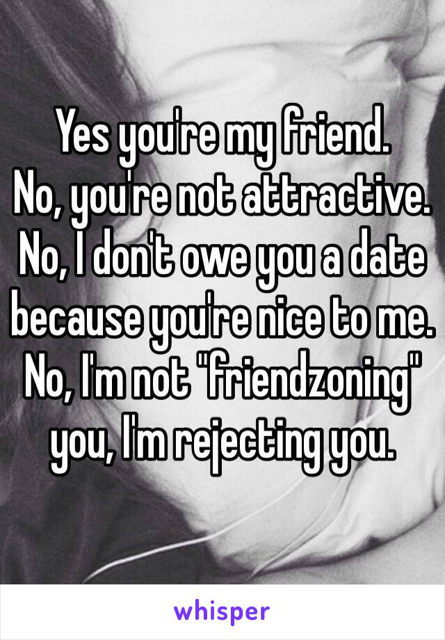 Yes you're my friend.
No, you're not attractive.
No, I don't owe you a date because you're nice to me.
No, I'm not "friendzoning" you, I'm rejecting you.