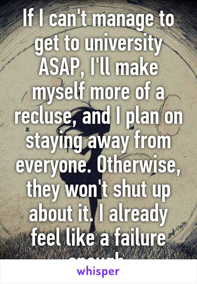 If I can't manage to get to university ASAP, I'll make myself more of a recluse, and I plan on staying away from everyone. Otherwise, they won't shut up about it. I already feel like a failure enough.