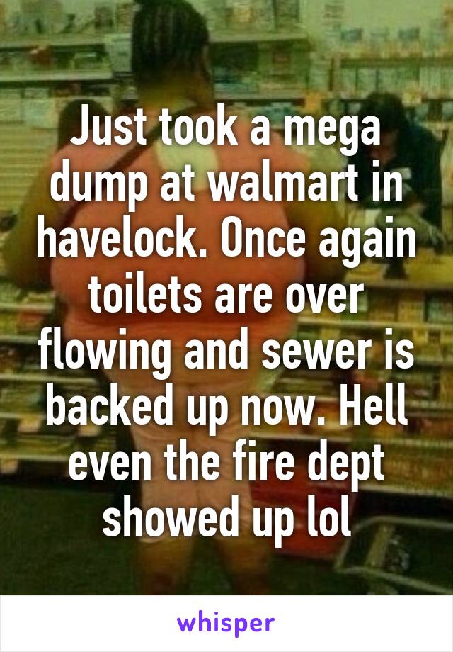 Just took a mega dump at walmart in havelock. Once again toilets are over flowing and sewer is backed up now. Hell even the fire dept showed up lol