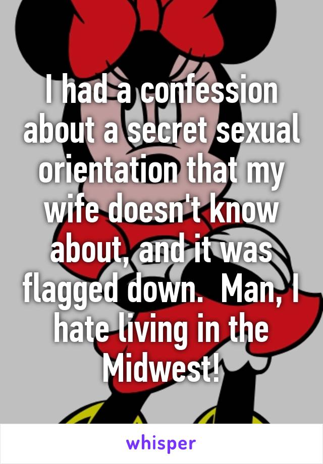 I had a confession about a secret sexual orientation that my wife doesn't know about, and it was flagged down.  Man, I hate living in the Midwest!