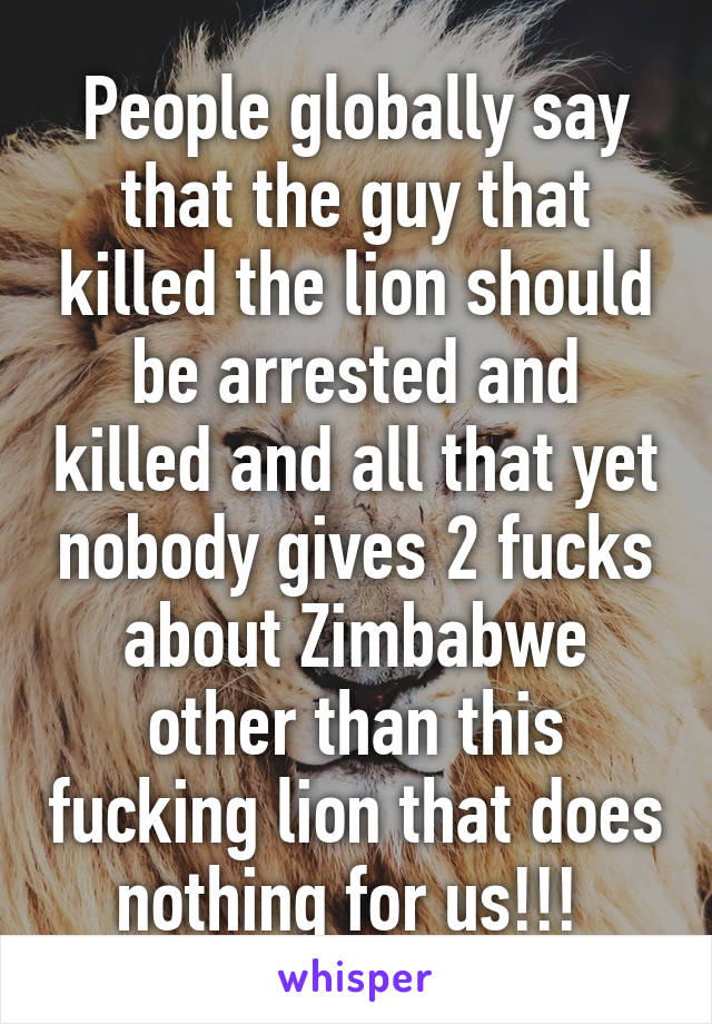 People globally say that the guy that killed the lion should be arrested and killed and all that yet nobody gives 2 fucks about Zimbabwe other than this fucking lion that does nothing for us!!! 