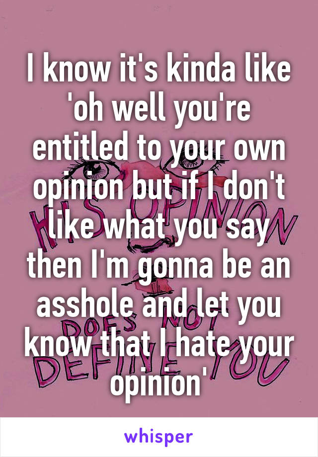 I know it's kinda like 'oh well you're entitled to your own opinion but if I don't like what you say then I'm gonna be an asshole and let you know that I hate your opinion'