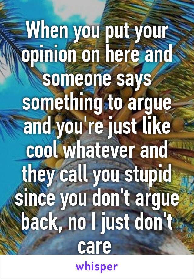 When you put your opinion on here and someone says something to argue and you're just like cool whatever and they call you stupid since you don't argue back, no I just don't care 