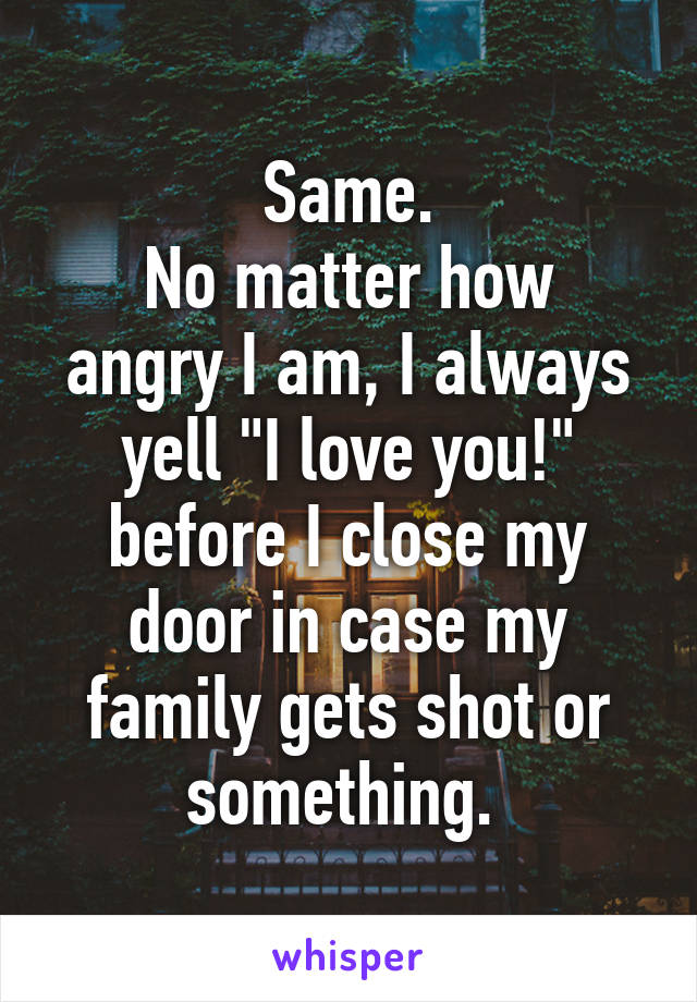 Same.
No matter how angry I am, I always yell "I love you!" before I close my door in case my family gets shot or something. 