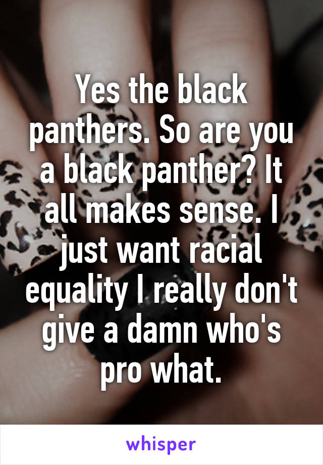 Yes the black panthers. So are you a black panther? It all makes sense. I just want racial equality I really don't give a damn who's pro what.