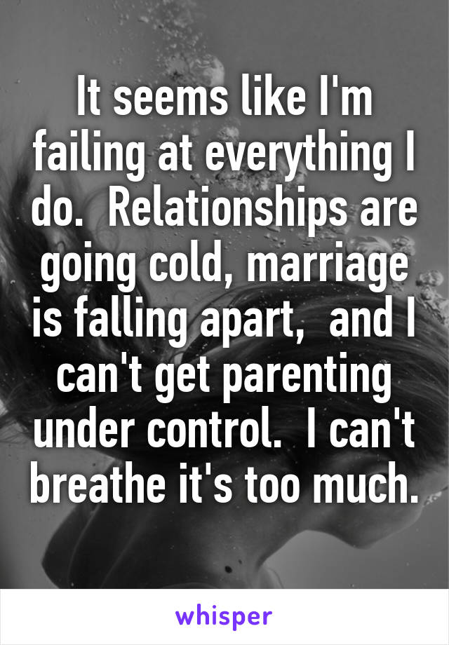 It seems like I'm failing at everything I do.  Relationships are going cold, marriage is falling apart,  and I can't get parenting under control.  I can't breathe it's too much.  