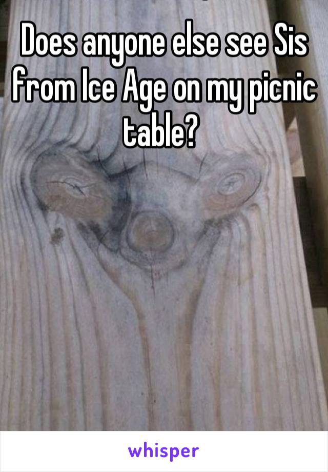 Does anyone else see Sis from Ice Age on my picnic table? 