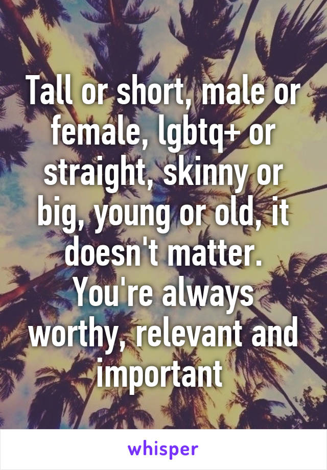 Tall or short, male or female, lgbtq+ or straight, skinny or big, young or old, it doesn't matter. You're always worthy, relevant and important 