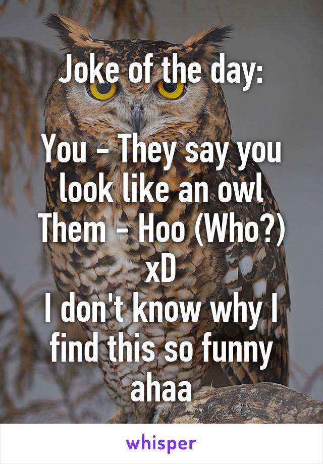 Joke of the day:

You - They say you look like an owl
Them - Hoo (Who?) xD
I don't know why I find this so funny ahaa