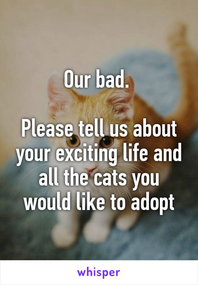 Our bad. 

Please tell us about your exciting life and all the cats you would like to adopt