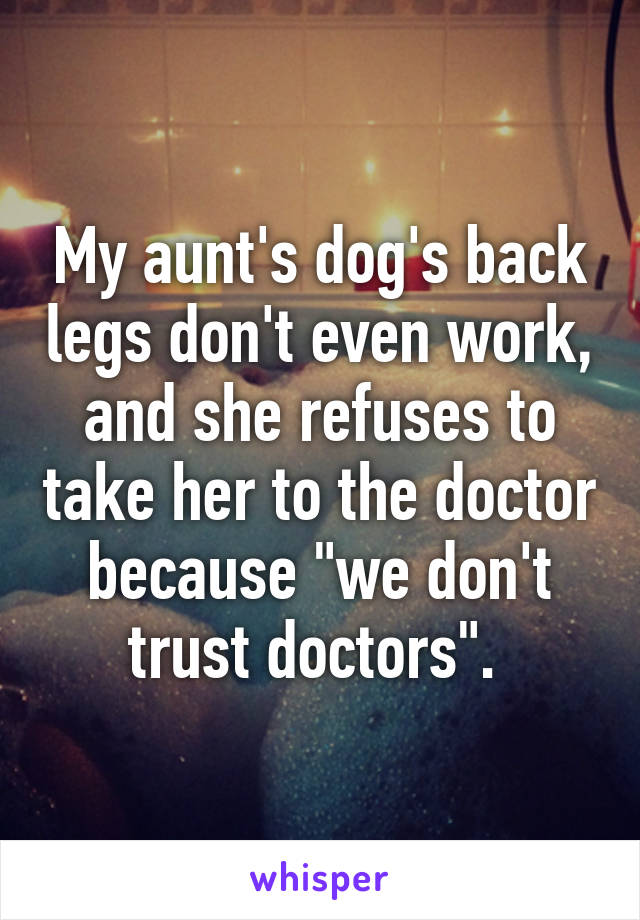 My aunt's dog's back legs don't even work, and she refuses to take her to the doctor because "we don't trust doctors". 