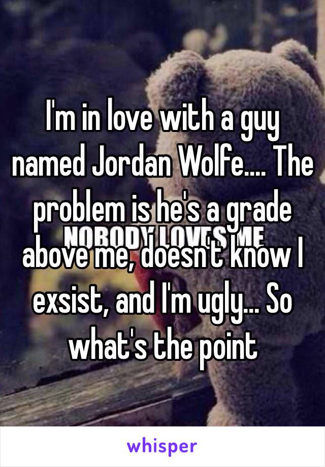 I'm in love with a guy named Jordan Wolfe.... The problem is he's a grade above me, doesn't know I exsist, and I'm ugly... So what's the point