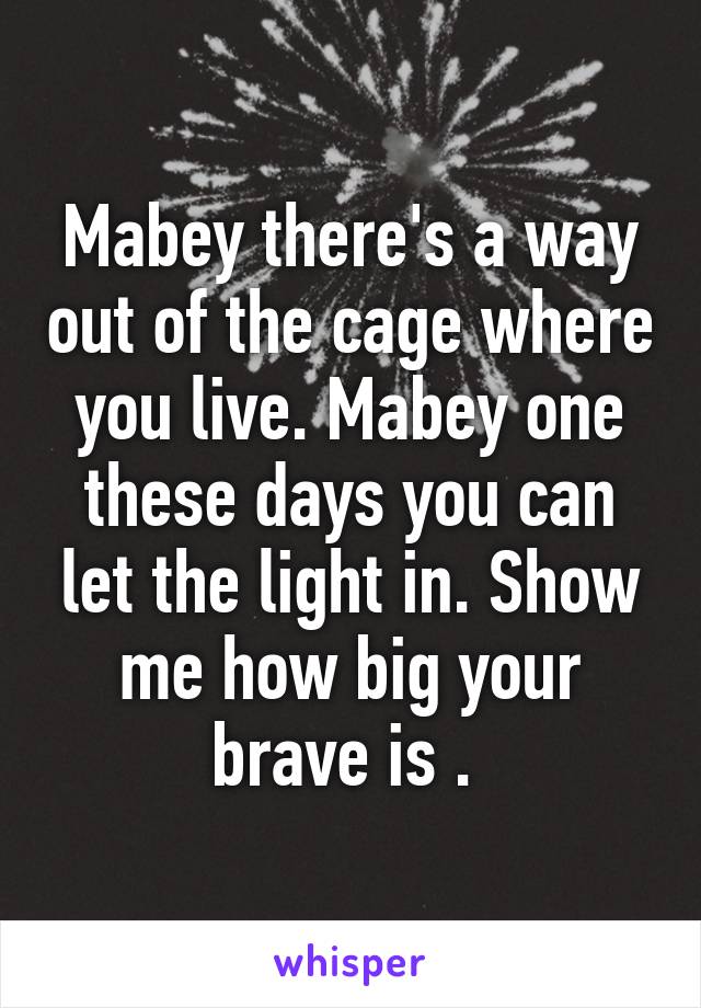 Mabey there's a way out of the cage where you live. Mabey one these days you can let the light in. Show me how big your brave is . 