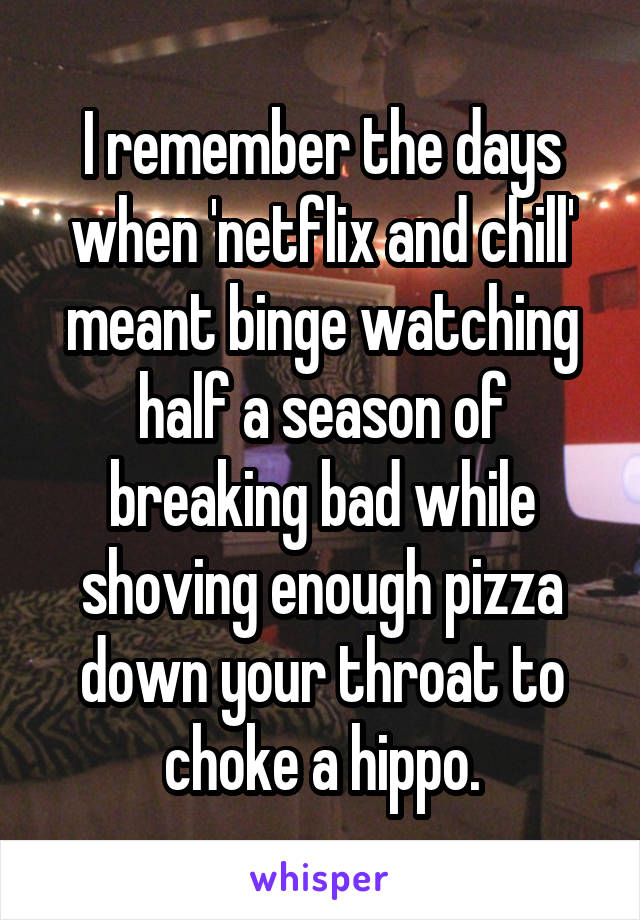 I remember the days when 'netflix and chill' meant binge watching half a season of breaking bad while shoving enough pizza down your throat to choke a hippo.