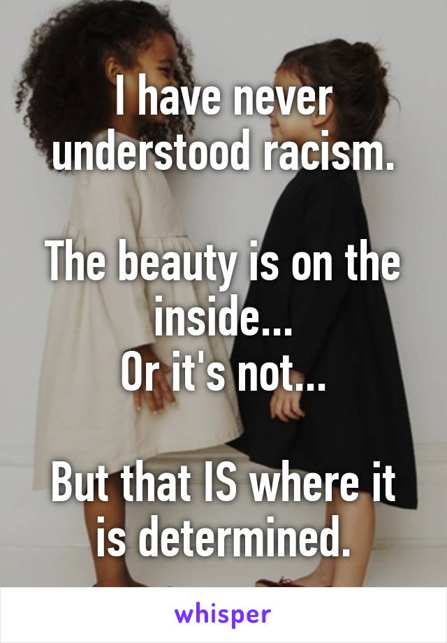 I have never understood racism.

The beauty is on the inside...
Or it's not...

But that IS where it is determined.