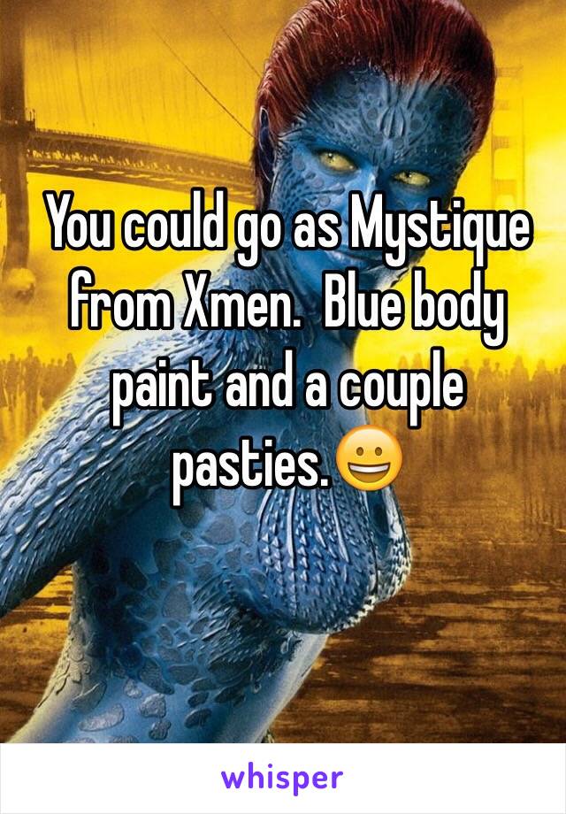 You could go as Mystique from Xmen.  Blue body paint and a couple pasties.😀