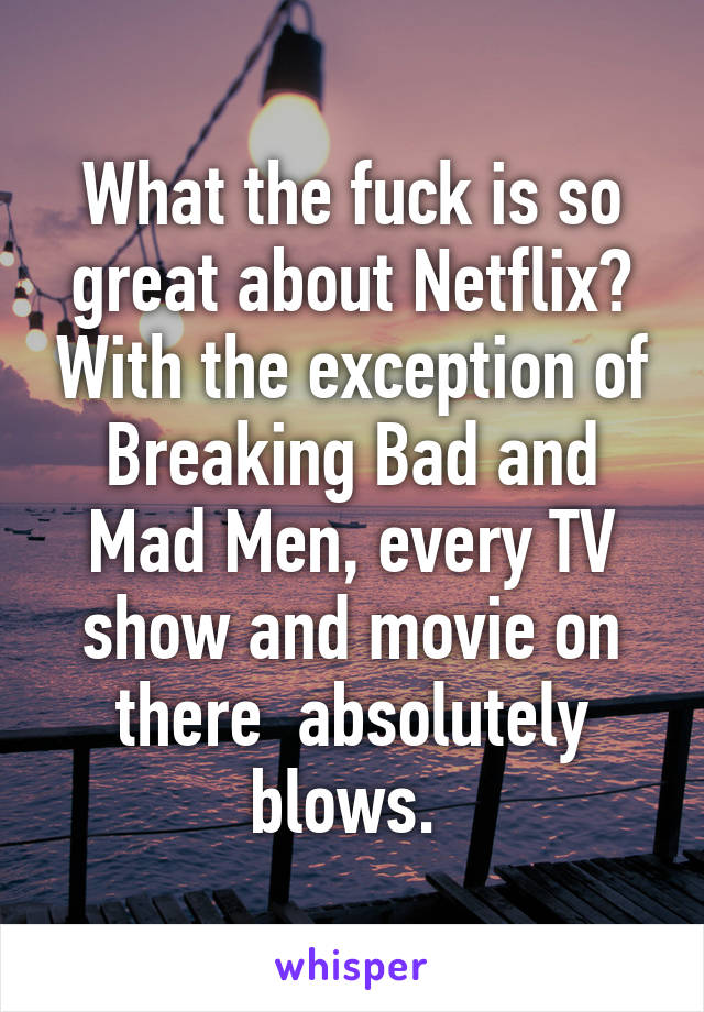 What the fuck is so great about Netflix? With the exception of Breaking Bad and Mad Men, every TV show and movie on there  absolutely blows. 