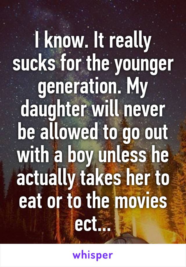 I know. It really sucks for the younger generation. My daughter will never be allowed to go out with a boy unless he actually takes her to eat or to the movies ect...