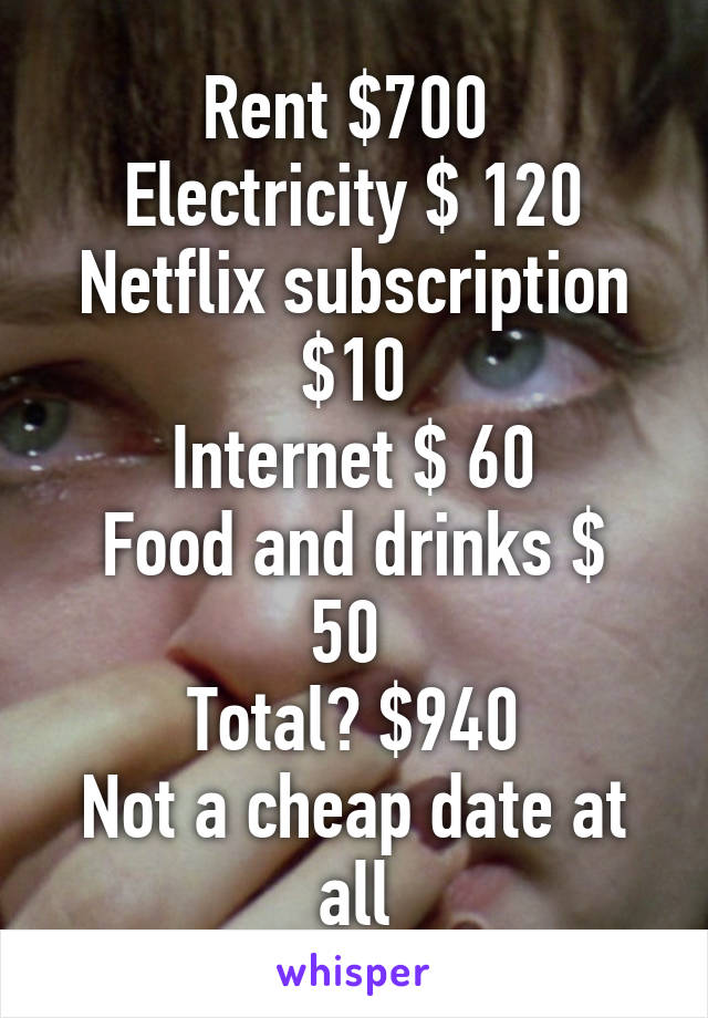 Rent $700 
Electricity $ 120
Netflix subscription $10
Internet $ 60
Food and drinks $ 50 
Total? $940
Not a cheap date at all