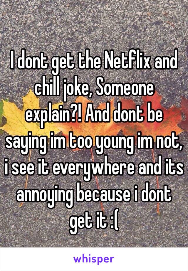 I dont get the Netflix and chill joke, Someone explain?! And dont be saying im too young im not, i see it everywhere and its annoying because i dont get it :(