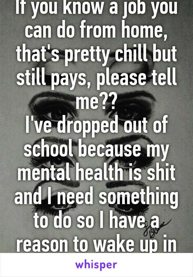 If you know a job you can do from home, that's pretty chill but still pays, please tell me??
I've dropped out of school because my mental health is shit and I need something to do so I have a reason to wake up in the morning. 