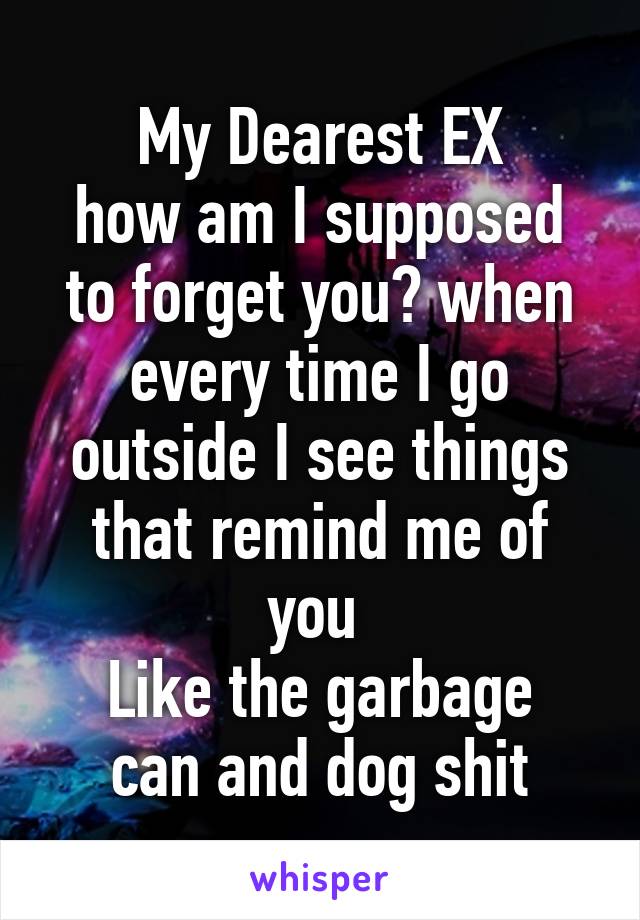 My Dearest EX
how am I supposed to forget you? when every time I go outside I see things that remind me of you 
Like the garbage can and dog shit