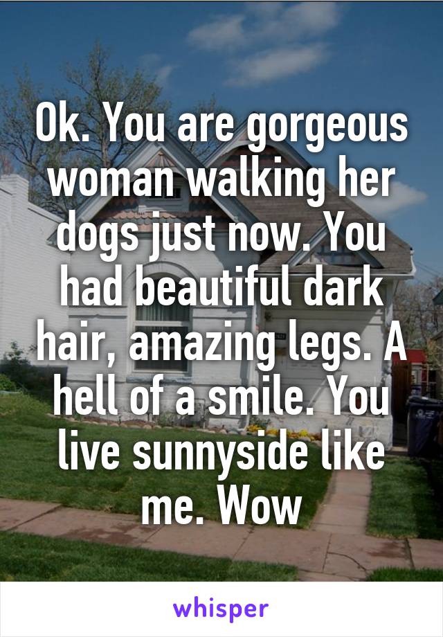 Ok. You are gorgeous woman walking her dogs just now. You had beautiful dark hair, amazing legs. A hell of a smile. You live sunnyside like me. Wow